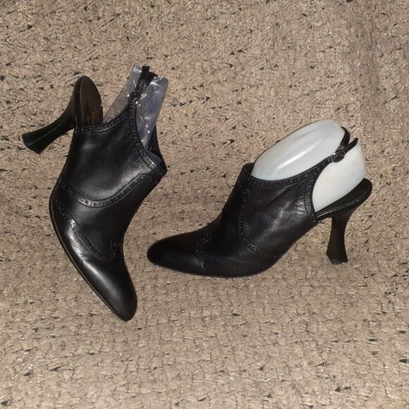 SONIA RYKIEL-Vintage Black Leather Brogue/Wingtip Slingback Sandals-Sz 38.5-NM - Picture 1 of 8